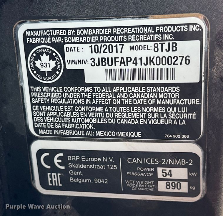 image for item NJ9489 2018 Can-Am 8TJB Defender XT HD10 utility vehicle