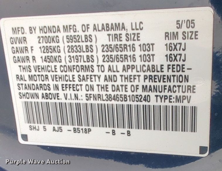 image for item NZ9374 2005 Honda Oddyssey van