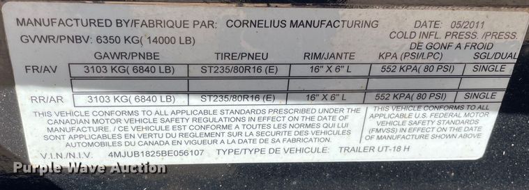 image for item OG9834 2011 Cornelius Manufacturing  UT-18H equipment trailer