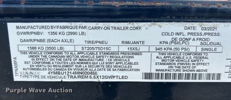 image for item OI9543 2021 Carry-On Trailer Corp. utility trailer