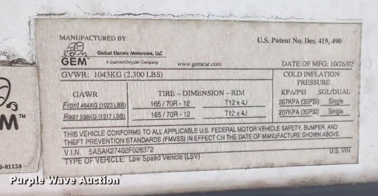 image for item OL9263 2002 GEM E825 utility vehicle