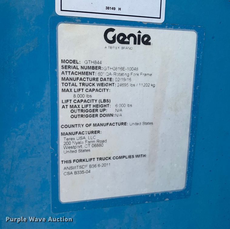 image for item DM7781 2016 Genie GTH-844 telehandler