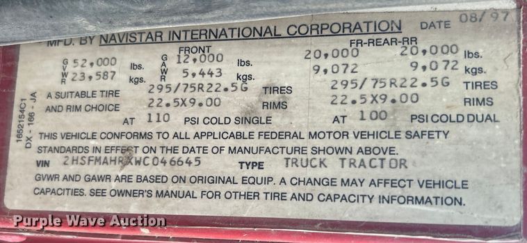 image for item DN0718 1998 International  9200 dump truck