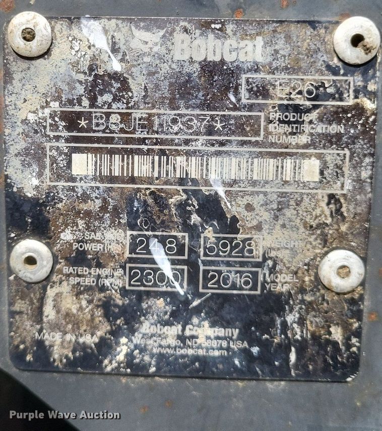 image for item DO4869 2016 Bobcat E26 mini excavator