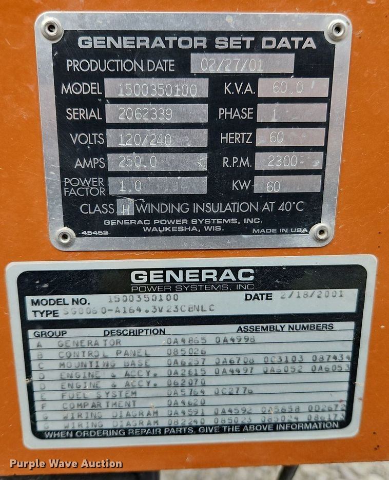 image for item DR8539 2001 Generac 1500350100 generator