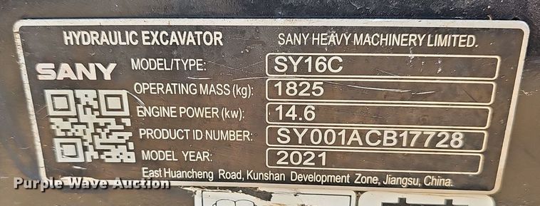 image for item EJ5991 2021 Sany SY16C mini excavator