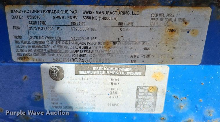 image for item IO9848 2016 Bwise Manufacturing dump trailer