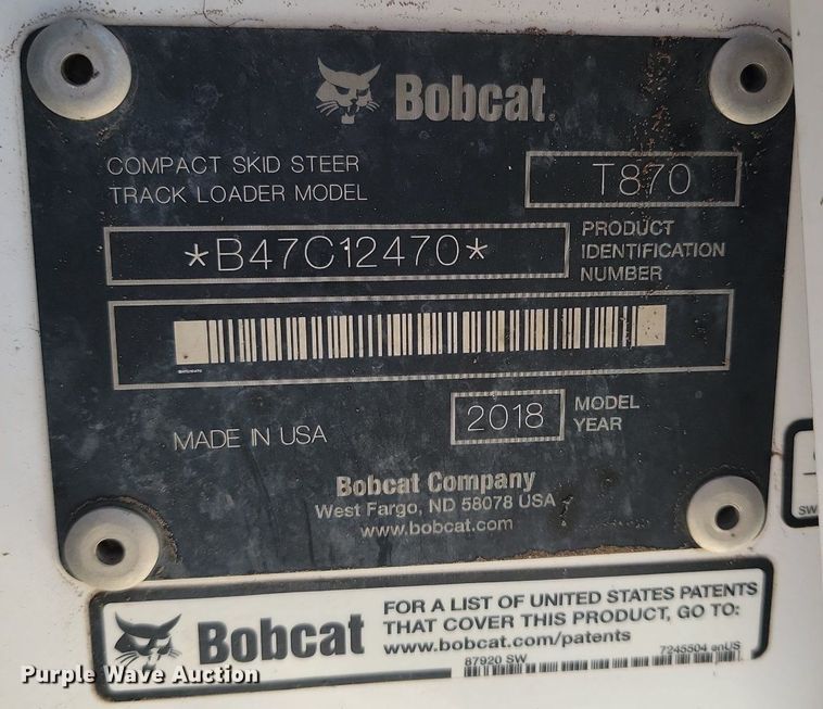 image for item LA9771 2018 Bobcat T870 tracked skid steer loader
