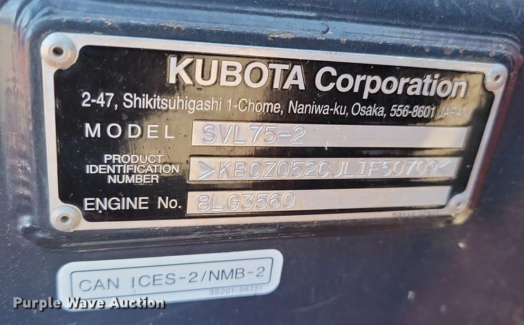 image for item LA9773 2020 Kubota  SVL75-2 tracked skid steer loader