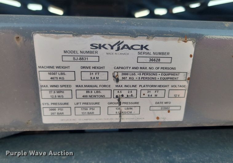 image for item LA9775 2002 Skyjack SJ-8831 scissor lift