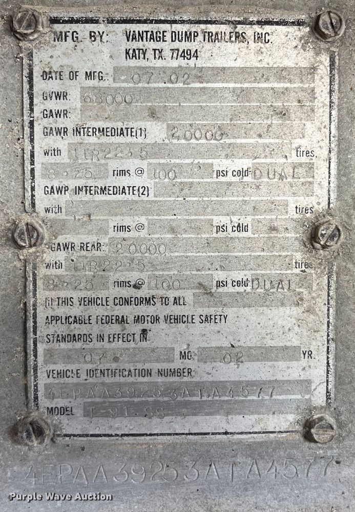 image for item LD9319 2003 Vantage T-91-SS end dump trailer