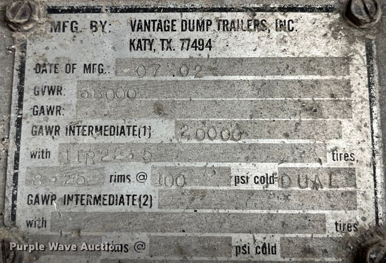 image for item LD9319 2003 Vantage T-91-SS end dump trailer