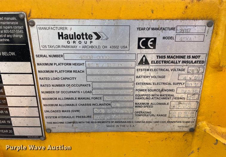 image for item LW9015 2017 Haulotte 45XA boom lift