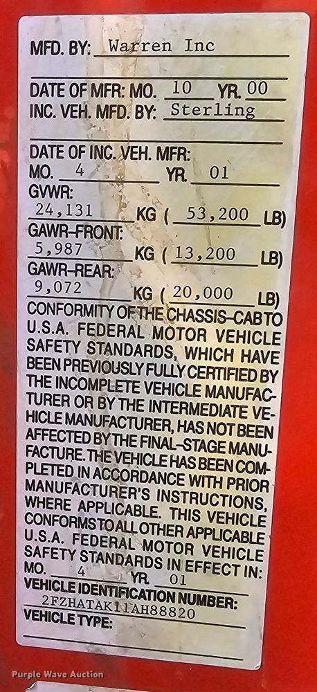 image for item MA9283 2001 Sterling L7500 dump truck