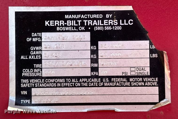 image for item OM9967 2012 Kerr-Bilt tilt deck equipment trailer