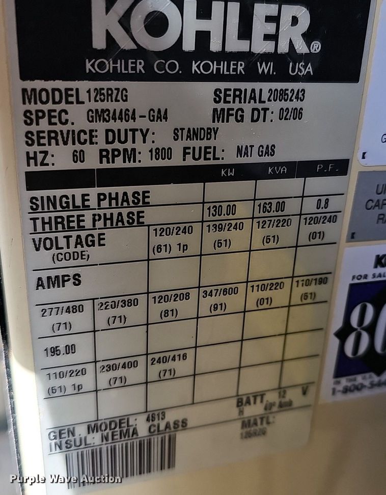 image for item DM1552 2006 Kohler 125 generator