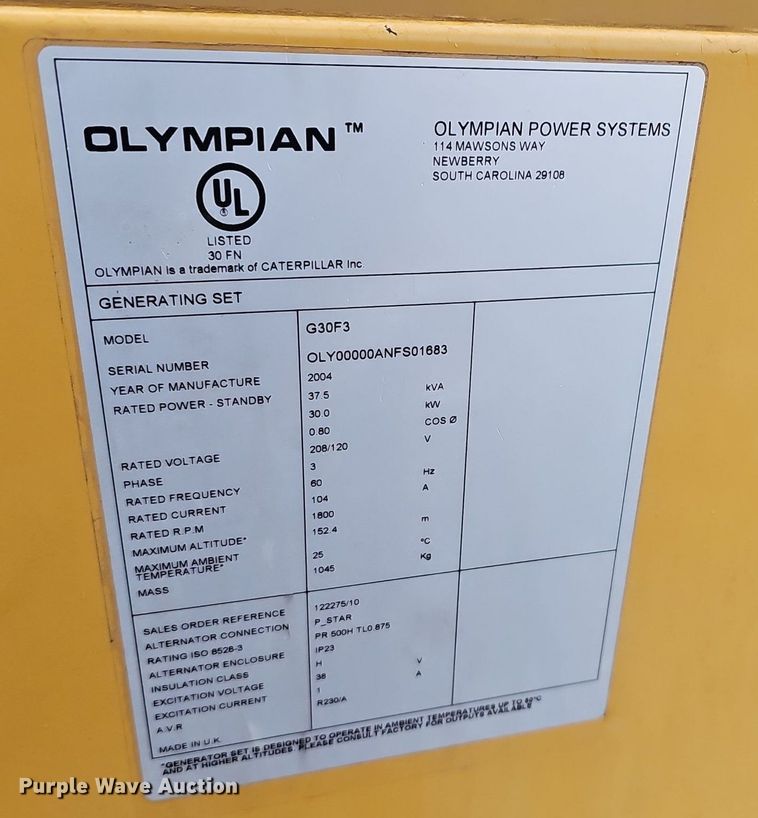 image for item DM1558 2004 Olympian  G30F3 generator