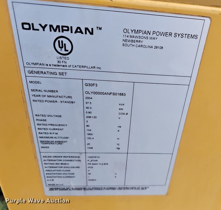 image for item DM1558 2004 Olympian  G30F3 generator