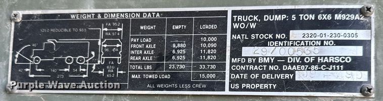 image for item DQ6452 1990 BMY M929A2 dump truck
