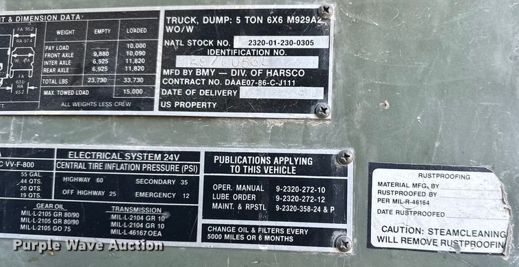 image for item DQ6452 1990 BMY M929A2 dump truck