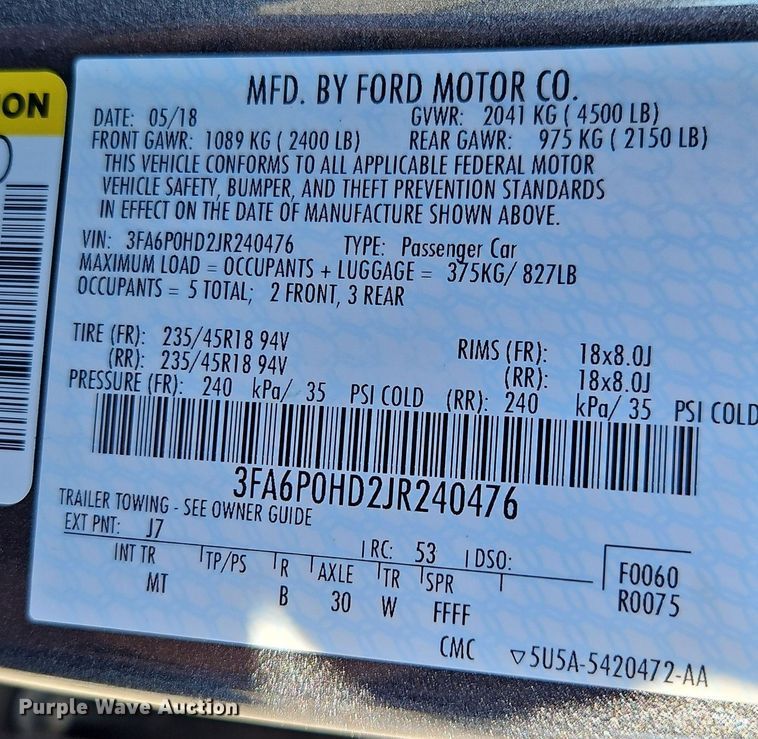 image for item EI3547 2018 Ford Fusion SE 