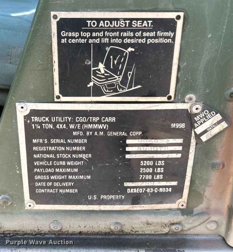 image for item EK4291 1989 AM General Humvee SUV