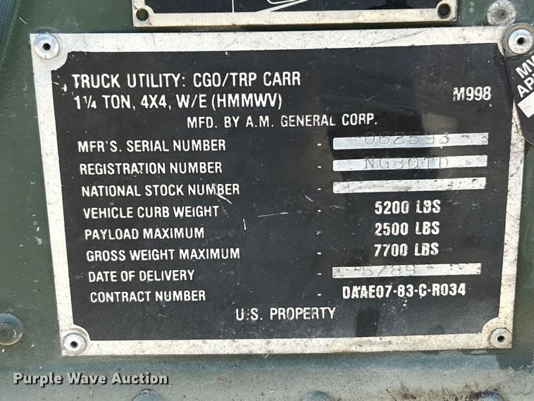 image for item EK4291 1989 AM General Humvee SUV