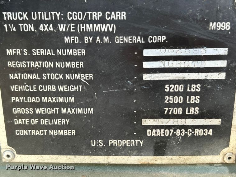 image for item EK4291 1989 AM General Humvee SUV