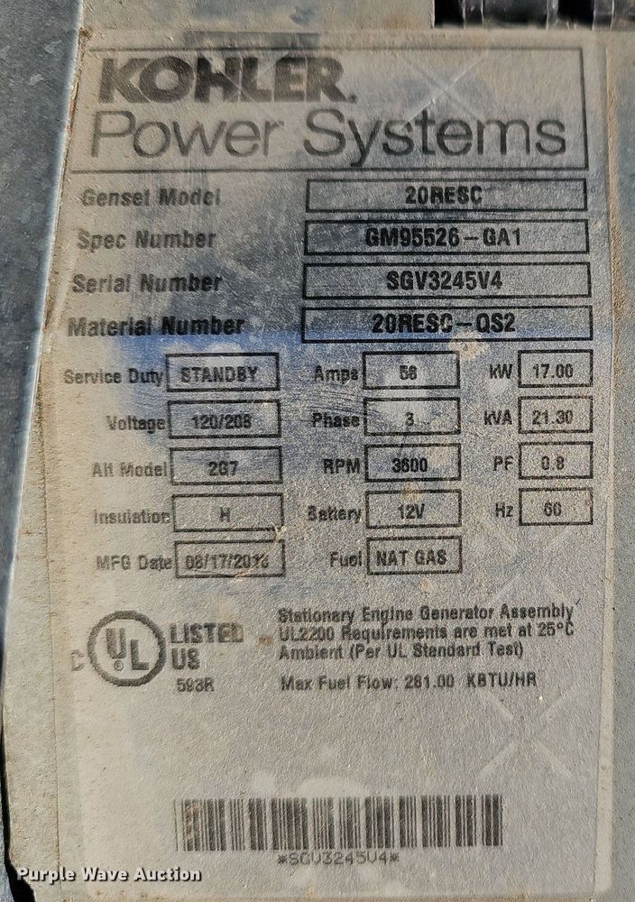 image for item EK5664 2016 Kohler 20RESC generator