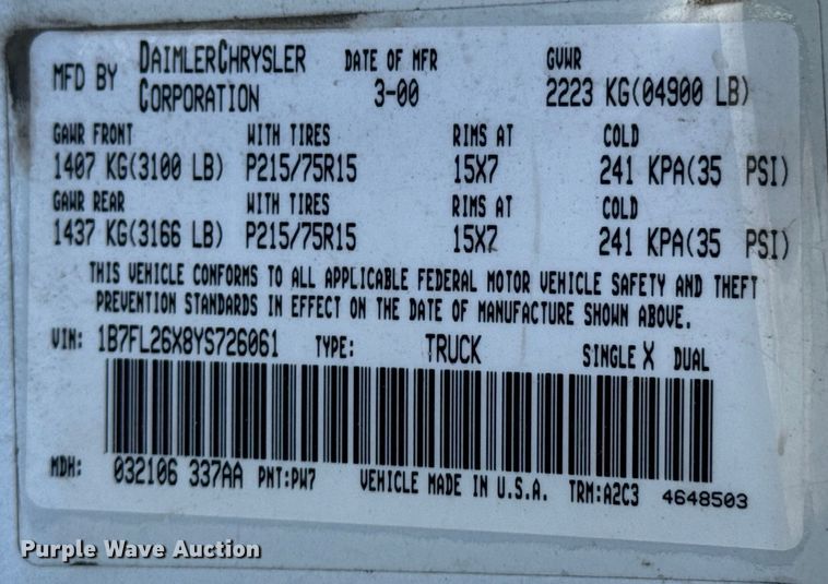 image for item ND9058 2000 Dodge Dakota pickup truck