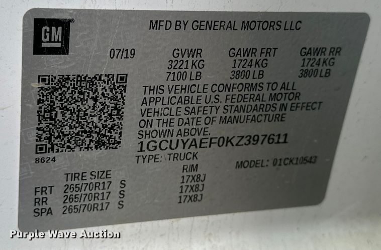 image for item NJ9452 2019 Chevrolet Silverado 1500 Crew Cab pickup truck