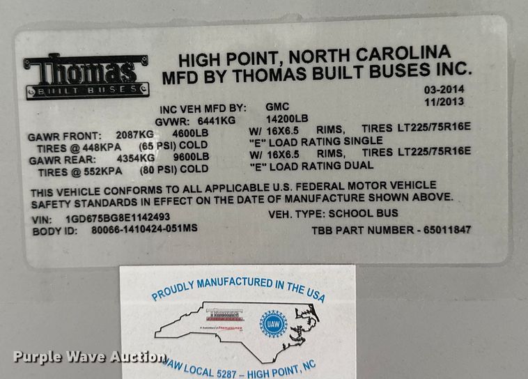 image for item NJ9474 2015 Thomas Built 051MS school bus