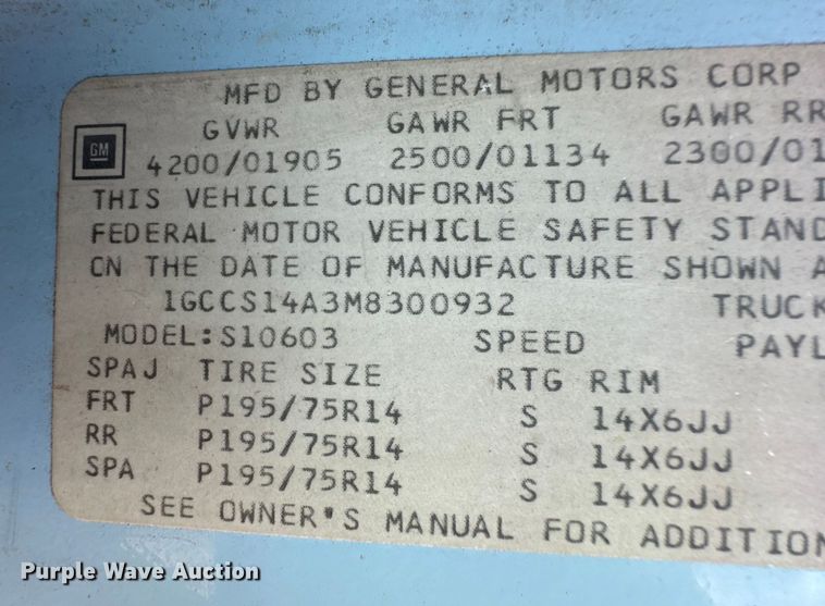 image for item OI9251 1991 Chevrolet S10 pickup truck