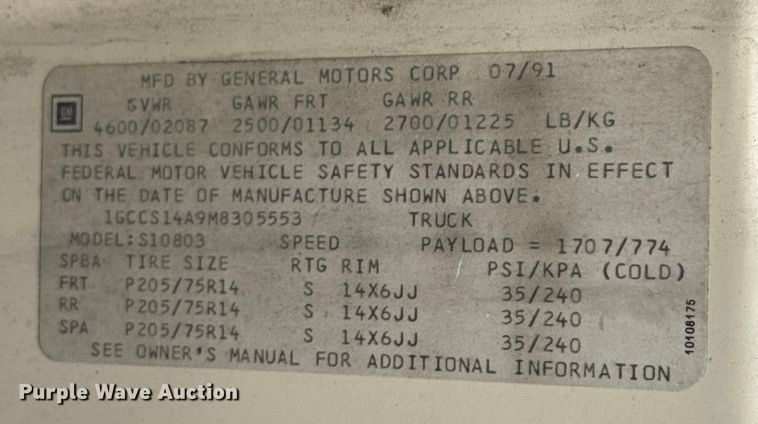 image for item OJ9690 1991 Chevrolet S10 utility bed pickup truck