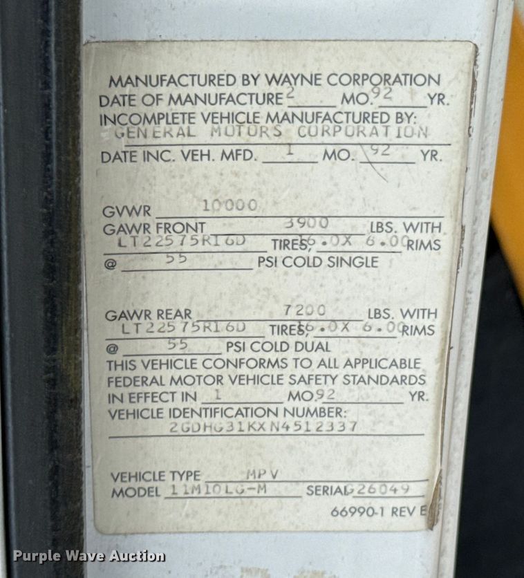 image for item OJ9694 1992 GMC Vandura school bus