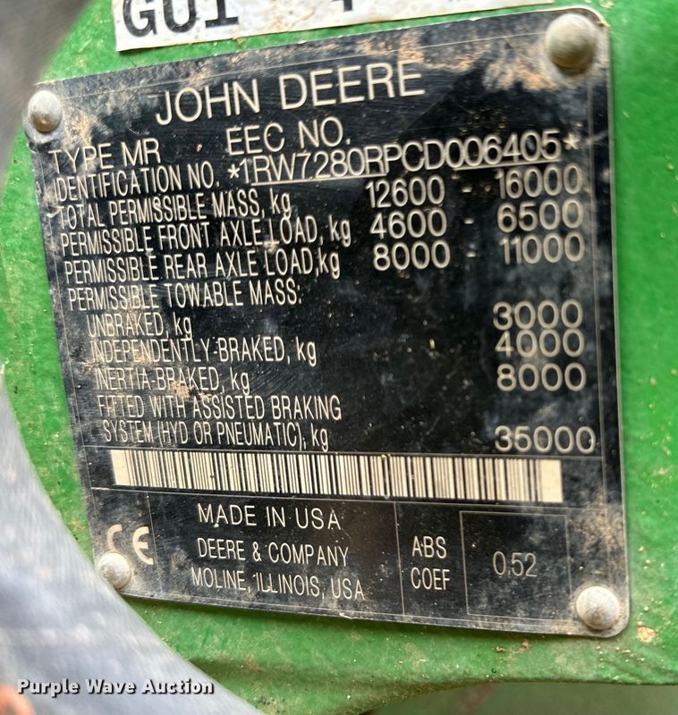 image for item DG4290 2012 John Deere 7280R MFWD tractor