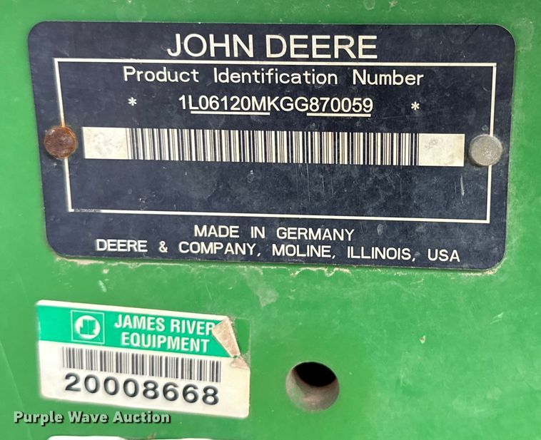image for item DG4299 2016 John Deere 6120M MFWD tractor