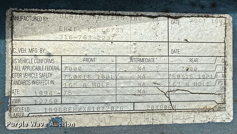 image for item NJ9485 1994 Blair 20X80GN livestock trailer