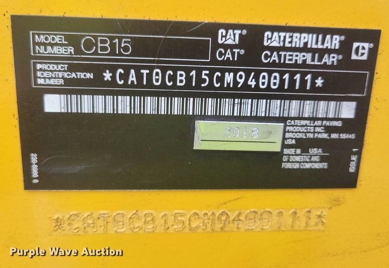 image for item DL7866 2018 Caterpillar CB15 double drum vibratory roller