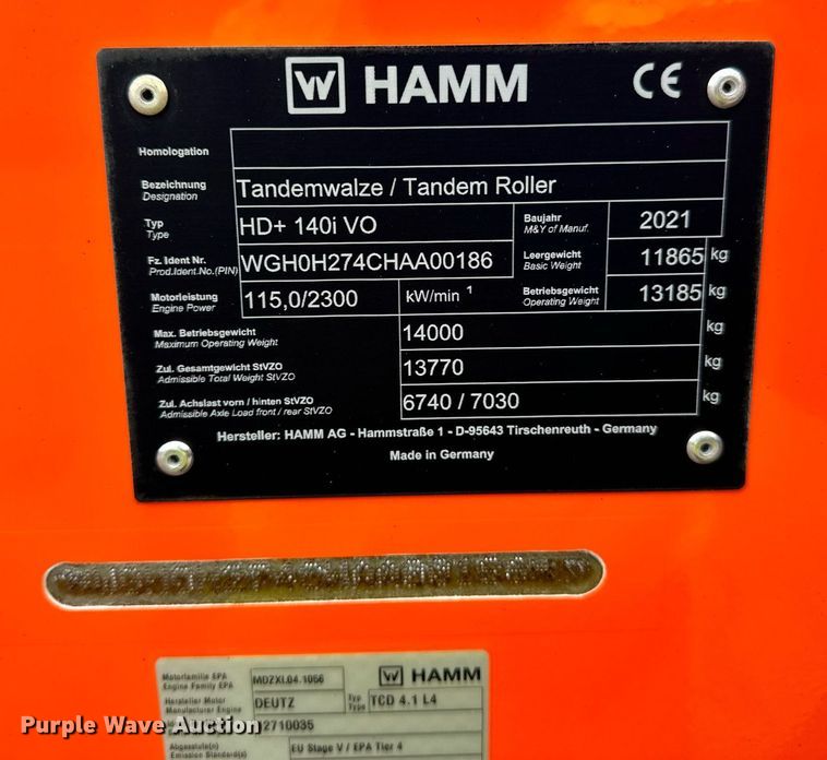image for item DL7868 2021 Hamm HD 140i double drum vibratory roller