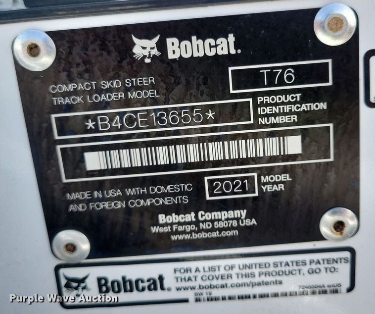 image for item DL7883 2021 Bobcat T76 skid steer loader