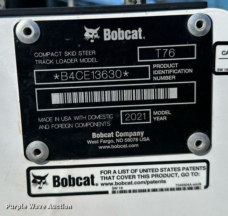 image for item DL7884 2021 Bobcat T76 tracked skid steer loader