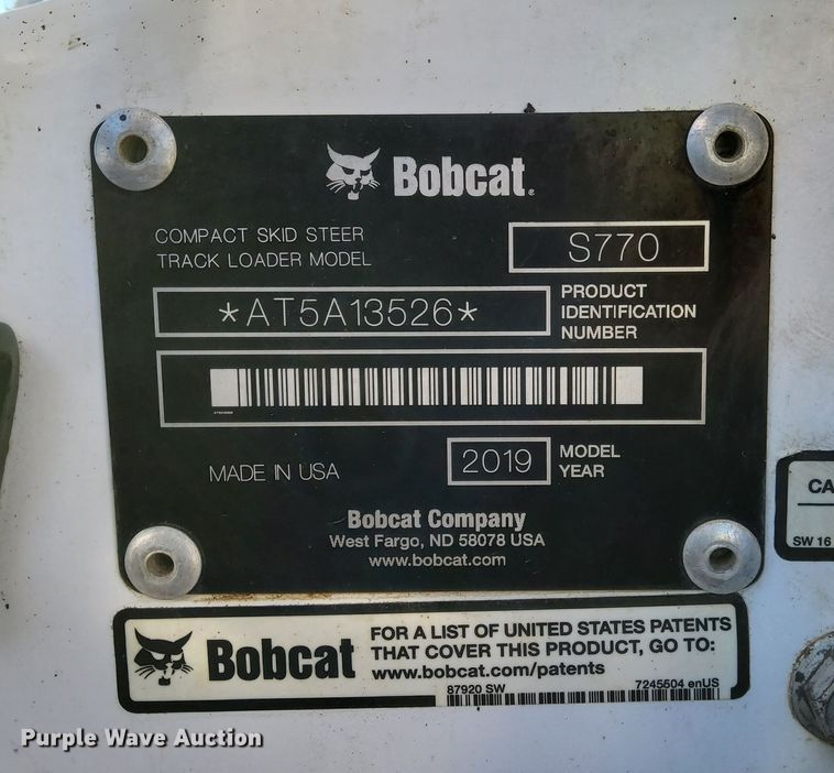 image for item DL7885 2019 Bobcat S770 skid steer loader