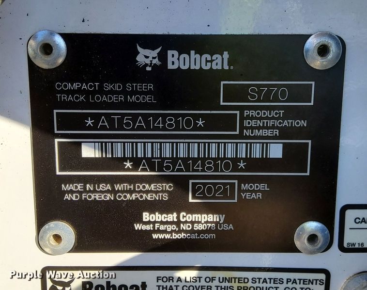 image for item DL7886 2021 Bobcat S770 skid steer loader
