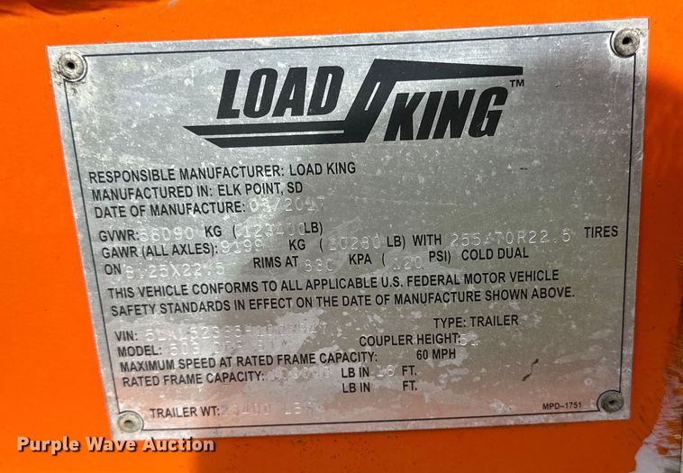 image for item DL7903 2017 Load King 503 DFP BT lowboy equipment trailer