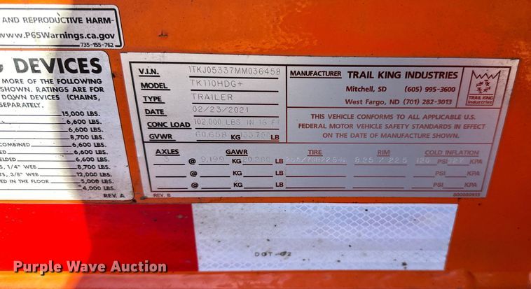 image for item DL7905 2021 Trail King TK110HDG lowboy equipment trailer