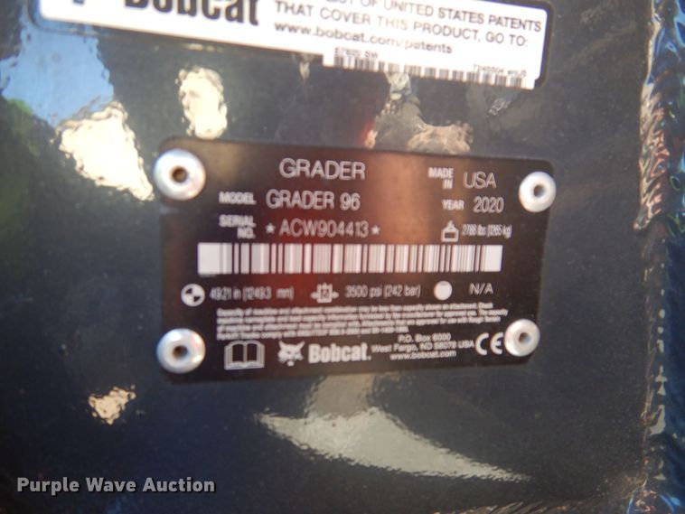 image for item DL7940 2020 Bobcat Grader 96 skid steer grader
