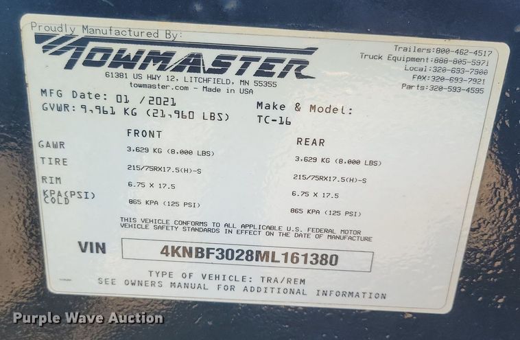 image for item DL7954 2021 Towmaster TC16 equipment trailer