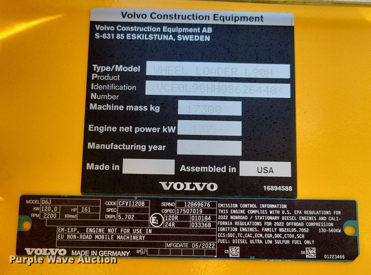 image for item DL7964 2022 Volvo L90H wheel loader