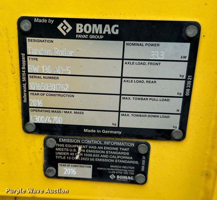 image for item DO3180 2016 Bomag BW138 AD-5 double drum vibratory roller